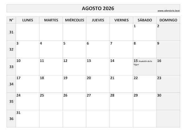 Calendario agosto 2026 con números de semana para imprimir gratis, plantilla en blanco y negro (PDF y JPG)