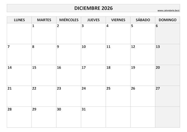 Calendario diciembre 2026 para imprimir y descargar gratis en PDF plantilla simple