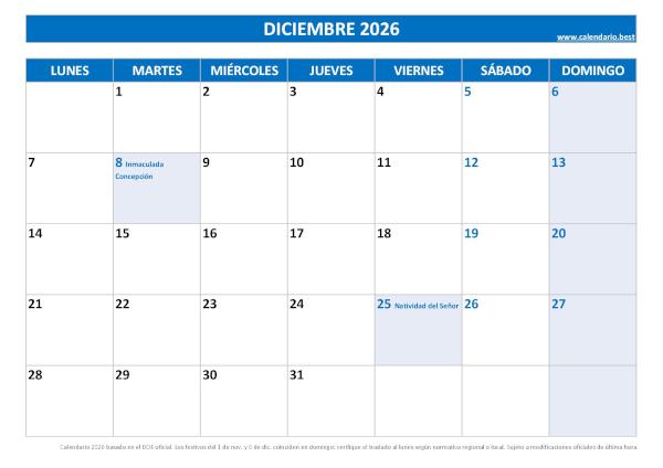 Calendario laboral diciembre 2026 con festivos nacionales para imprimir gratis, plantilla azul (PDF y JPG)
