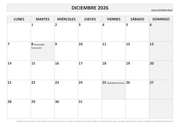 Calendario laboral diciembre 2026 con festivos nacionales para imprimir gratis, plantilla en blanco y negro (PDF y JPG)
