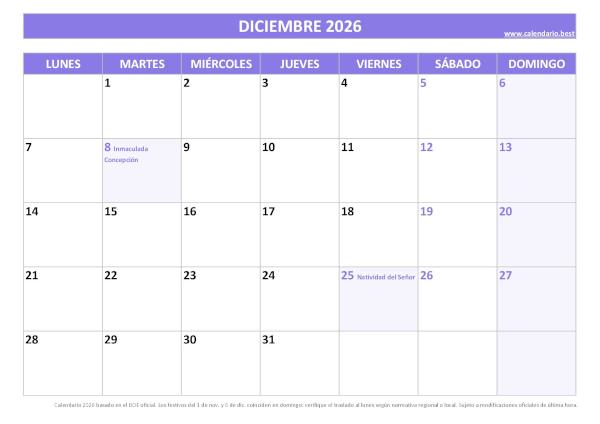Diciembre 2026 calendario laboral festivos 8 y 25 España PDF morado