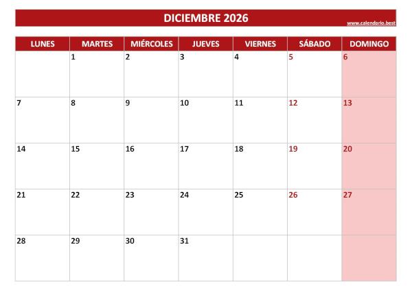 Calendario diciembre 2026 para imprimir en blanco, plantilla roja (PDF y JPG)