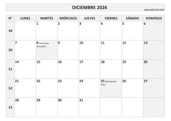 Diciembre 2026 calendario con semanas para descargar PDF