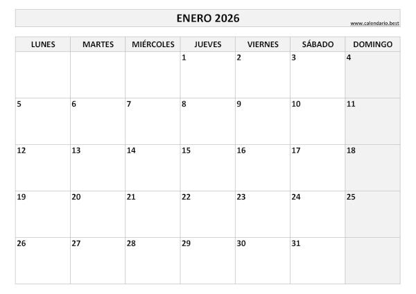 Calendario enero 2026 en blanco y negro para imprimir gratis, plantilla básica (PDF y JPG)