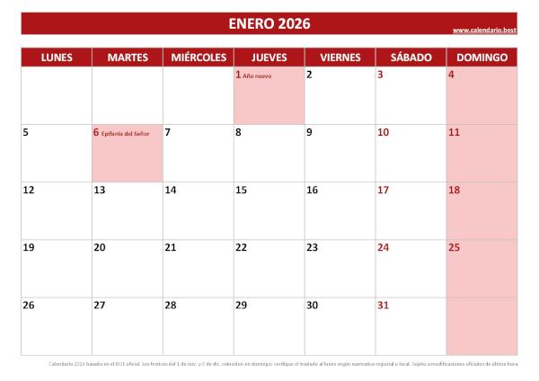 Calendario laboral enero 2026 con festivos nacionales para imprimir gratis, plantilla roja (PDF y JPG)