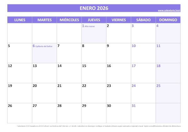 Calendario laboral enero 2026 con festivos nacionales para imprimir gratis, plantilla morada (PDF y JPG)