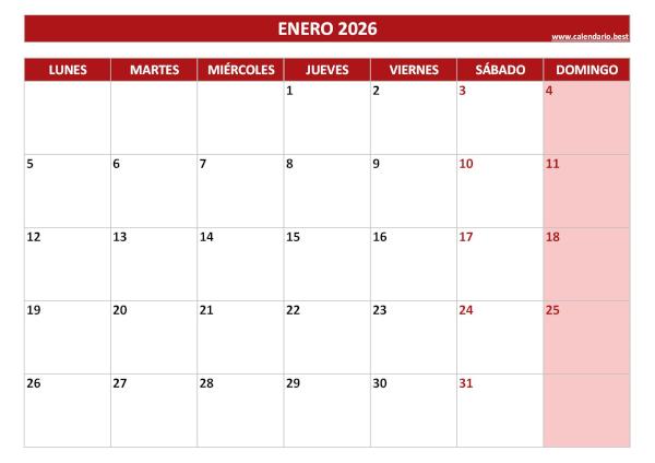 Calendario enero 2026 para imprimir en blanco, plantilla roja (PDF y JPG)