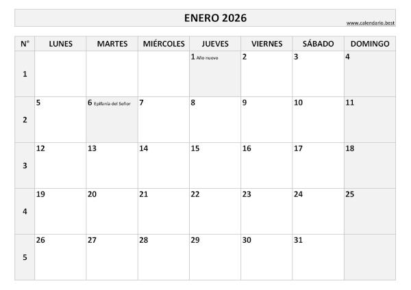 Calendario enero 2026 con números de semana para imprimir gratis, plantilla en blanco y negro (PDF y JPG)