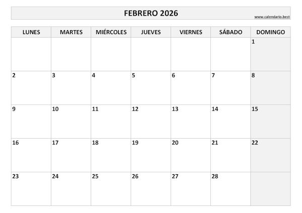 Calendario febrero 2026 en blanco y negro para imprimir gratis, plantilla básica (PDF y JPG)