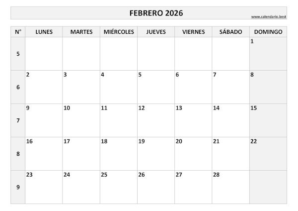 Calendario febrero 2026 con números de semana para imprimir gratis, plantilla en blanco y negro (PDF y JPG)
