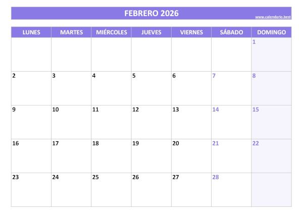 Calendario febrero 2026 para imprimir gratis, diseño violeta elegante (PDF y JPG)