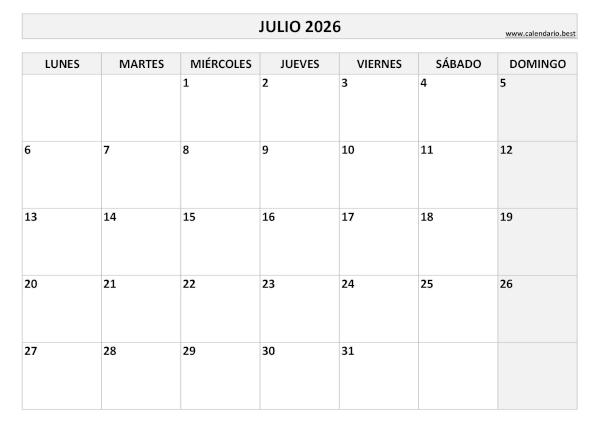 Calendario julio 2026 en blanco y negro para imprimir gratis, plantilla básica (PDF y JPG)