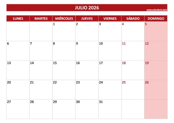Calendario julio 2026 para imprimir en blanco, plantilla roja (PDF y JPG)