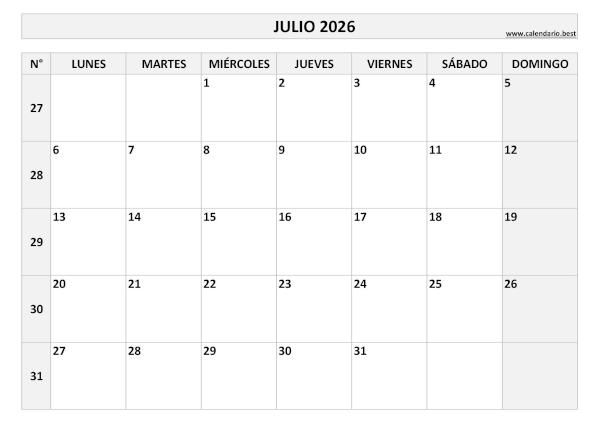 Calendario julio 2026 con números de semana para imprimir gratis, plantilla en blanco y negro (PDF y JPG)
