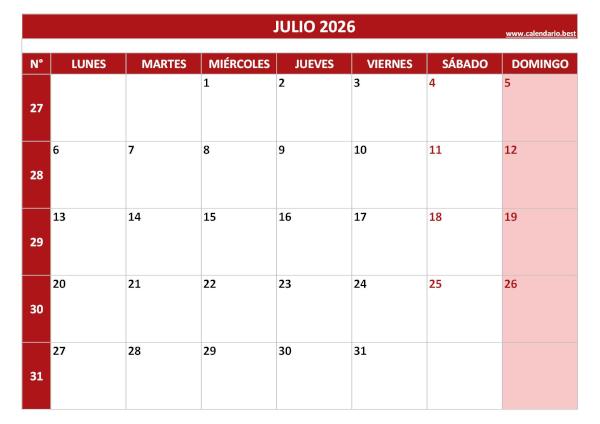 Calendario mensual 2026 con números de semana (ISO 8601) para imprimir