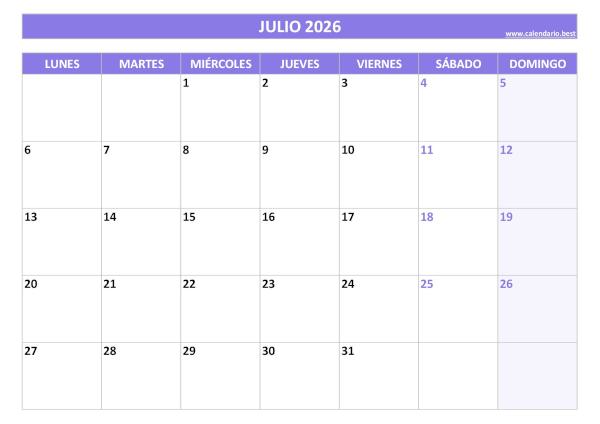 Calendario julio 2026 para imprimir y descargar gratis en PDF plantilla morada