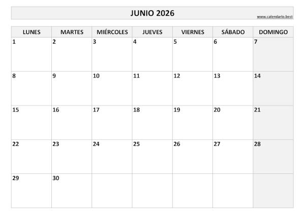 Calendario junio 2026 en blanco y negro para imprimir gratis, plantilla básica (PDF y JPG)