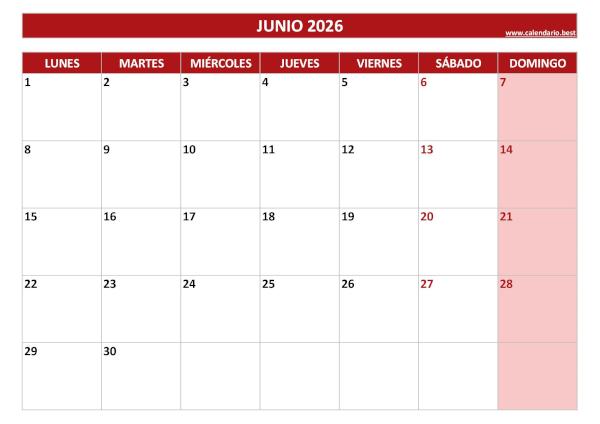 Calendario junio 2026 para imprimir y descargar gratis en PDF plantilla roja