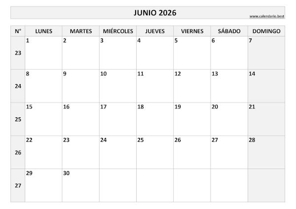 Calendario junio 2026 con números de semana para imprimir gratis, plantilla en blanco y negro (PDF y JPG)