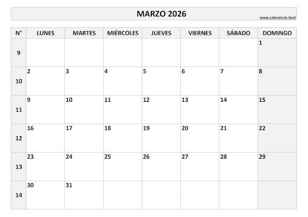 Calendario marzo 2026 con números de semana para imprimir gratis, plantilla en blanco y negro (PDF y JPG)