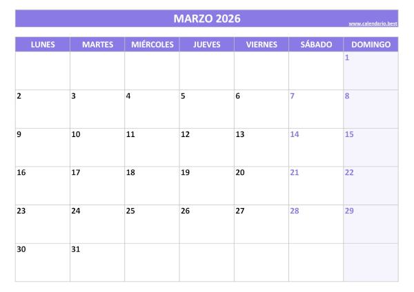 Calendario marzo 2026 para imprimir gratis, diseño violeta elegante (PDF y JPG)