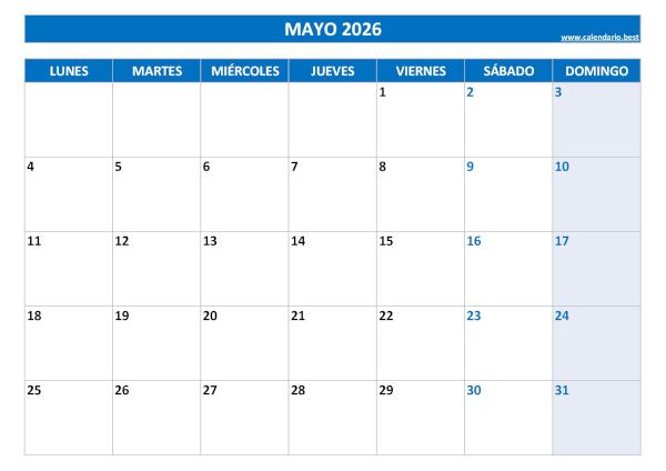 Calendario mayo 2026 para imprimir (PDF y JPG)