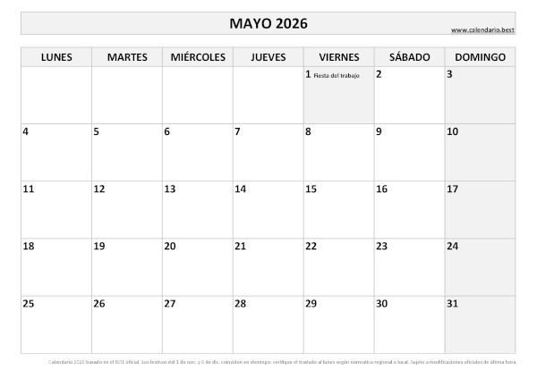 Calendario laboral mayo 2026 con festivos nacionales para imprimir gratis, plantilla en blanco y negro (PDF y JPG)