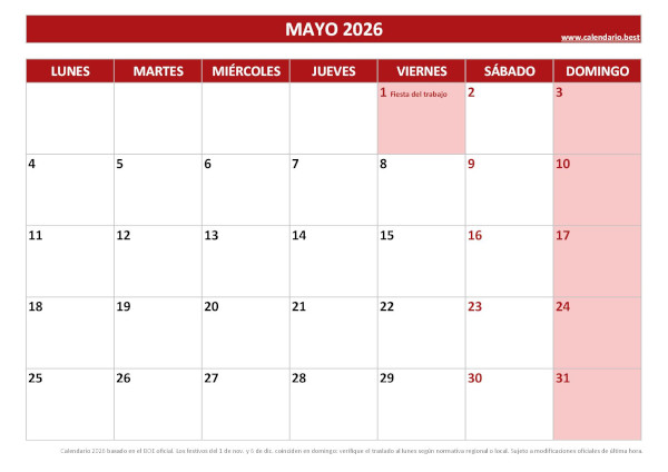 Calendario laboral mayo 2026 con festivos nacionales para imprimir gratis, plantilla roja (PDF y JPG)