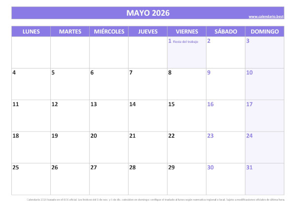 Calendario laboral mayo 2026 festivo 1 de mayo en España PDF morado