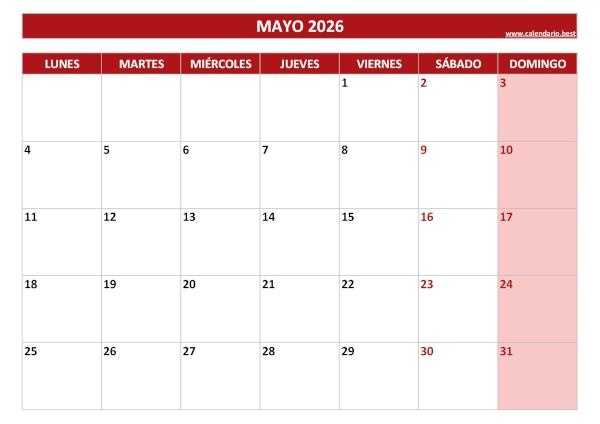 Calendario mayo 2026 para imprimir y descargar gratis en PDF plantilla roja