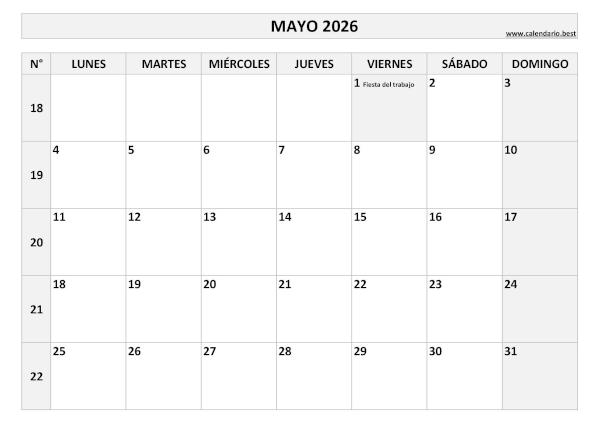 Calendario mayo 2026 con números de semana para imprimir gratis, plantilla en blanco y negro (PDF y JPG)