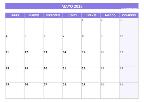 Calendario mayo 2026 para imprimir gratis, diseño violeta elegante (PDF y JPG)