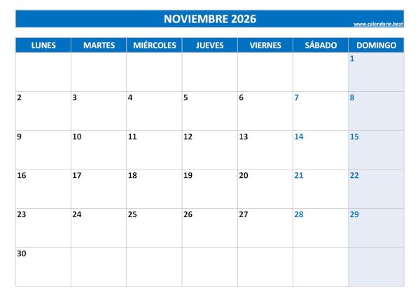 Calendario de noviembre de 2026 en blanco para imprimir
