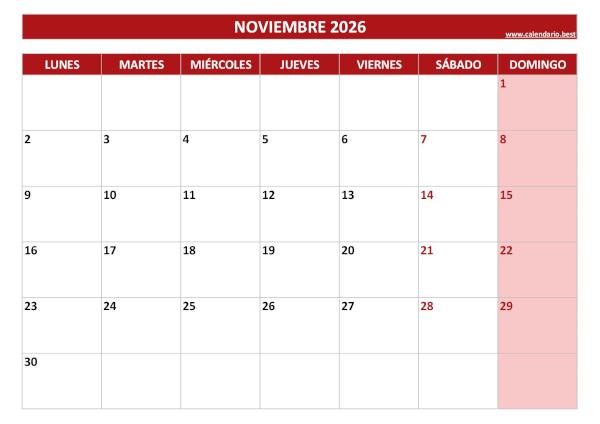 Calendario noviembre 2026 para imprimir en blanco, plantilla roja (PDF y JPG)