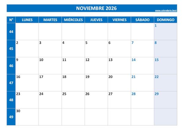 Calendario noviembre 2026 con números de semana para imprimir gratis, plantilla azul (PDF y JPG)
