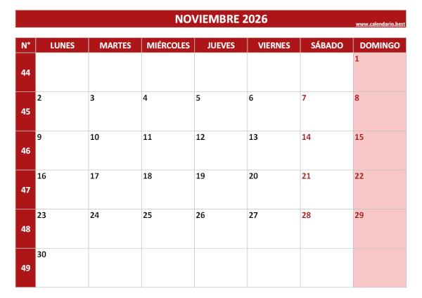 Calendario noviembre 2026 con números de semana para imprimir gratis, plantilla roja (PDF y JPG)