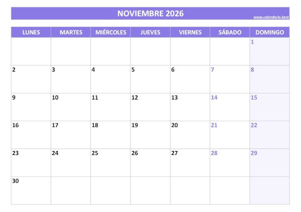 Calendario noviembre 2026 para imprimir gratis, diseño violeta elegante (PDF y JPG)