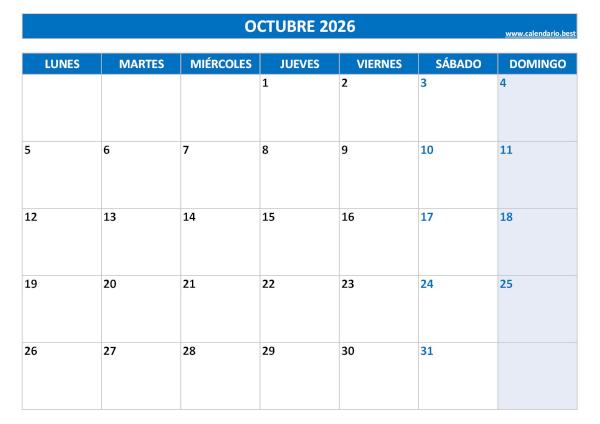 Calendario octubre 2026 para imprimir (PDF y JPG)