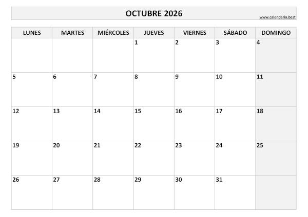 Calendario octubre 2026 para imprimir y descargar gratis en PDF diseño minimalista blanco y negro