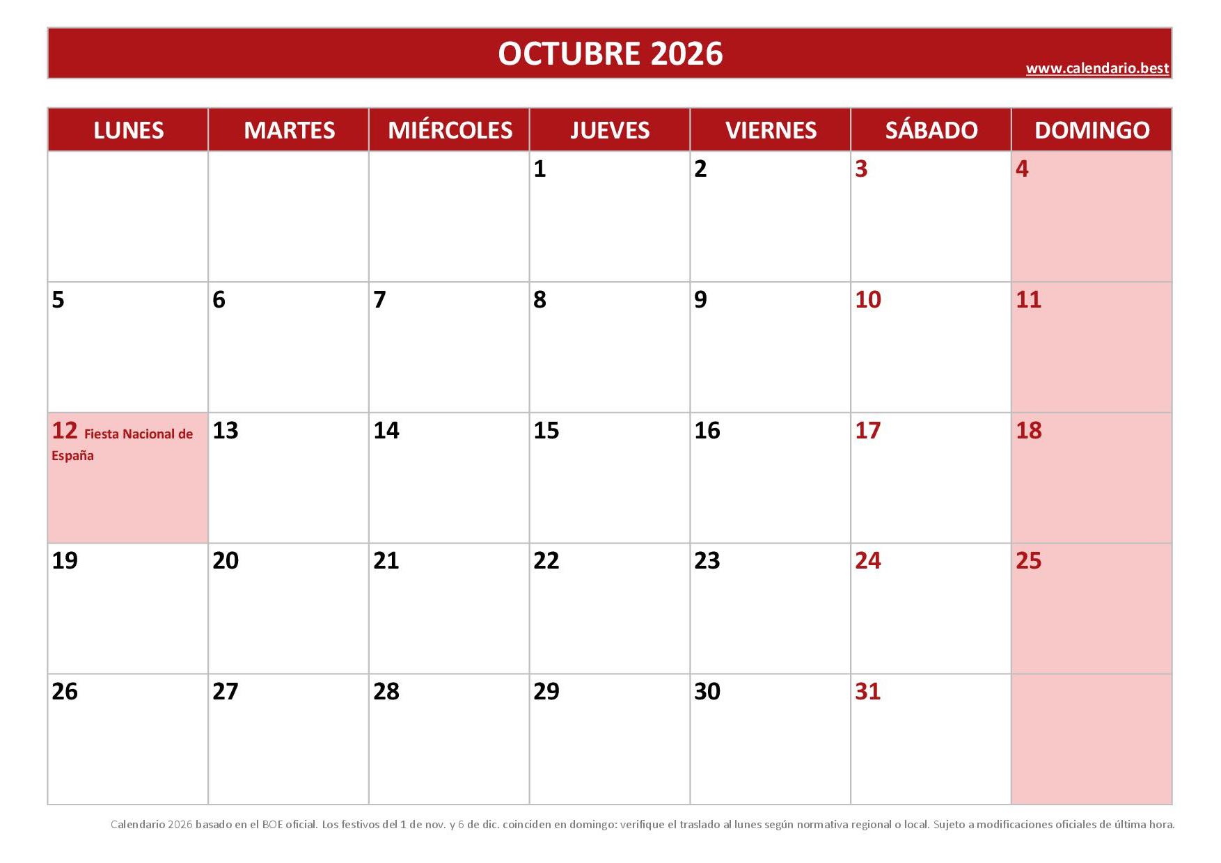Calendario Mensual 2026 Para Imprimir Plantillas En PDF Y JPG