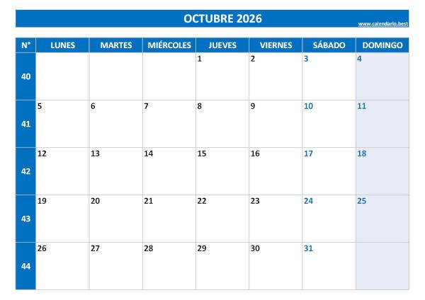 Calendario octubre 2026 con números de semana para imprimir gratis, plantilla azul (PDF y JPG)