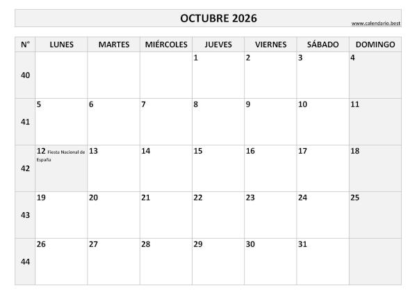 Octubre 2026 calendario minimalista imprimir PDF con semanas