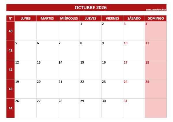 Calendario octubre 2026 con números de semana para imprimir gratis, plantilla roja (PDF y JPG)