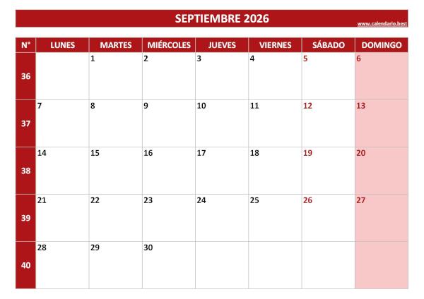 Calendario septiembre 2026 con números de semana para imprimir gratis, plantilla roja (PDF y JPG)