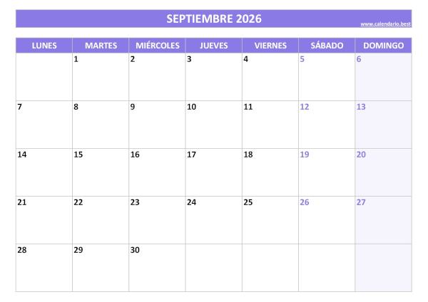 Calendario septiembre 2026 para imprimir y descargar gratis en PDF plantilla morada
