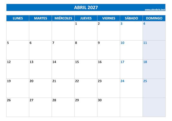 Calendario de abril de 2027 en blanco para imprimir gratis, plantilla azul, descarga gratis en PDF o JPG Calendario de abril de 2027 en blanco para imprimir