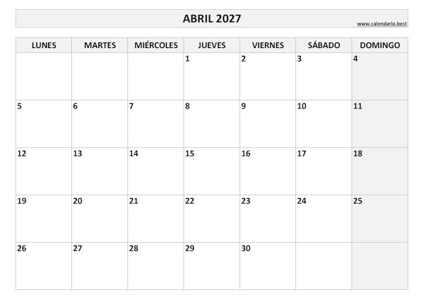 Calendario abril 2027 en blanco y negro para imprimir gratis, plantilla básica (PDF y JPG)