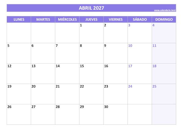 Calendario abril 2027 para imprimir gratis, diseño violeta elegante (PDF y JPG)