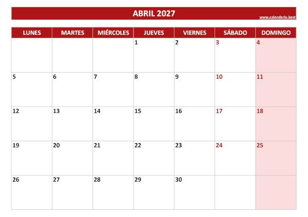Calendario abril 2027 para imprimir en blanco, plantilla roja (PDF y JPG)