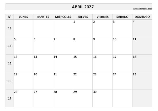 Calendario abril 2027 con números de semana para imprimir gratis, plantilla en blanco y negro (PDF y JPG)